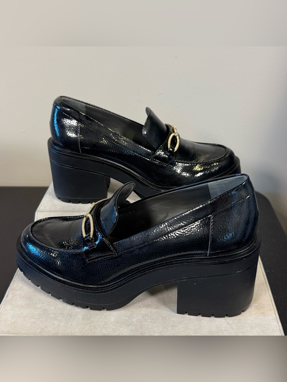 Franco Sarto Chunky Platform Black Patent Loafer with Gold Trim, size 8.5, NWOT